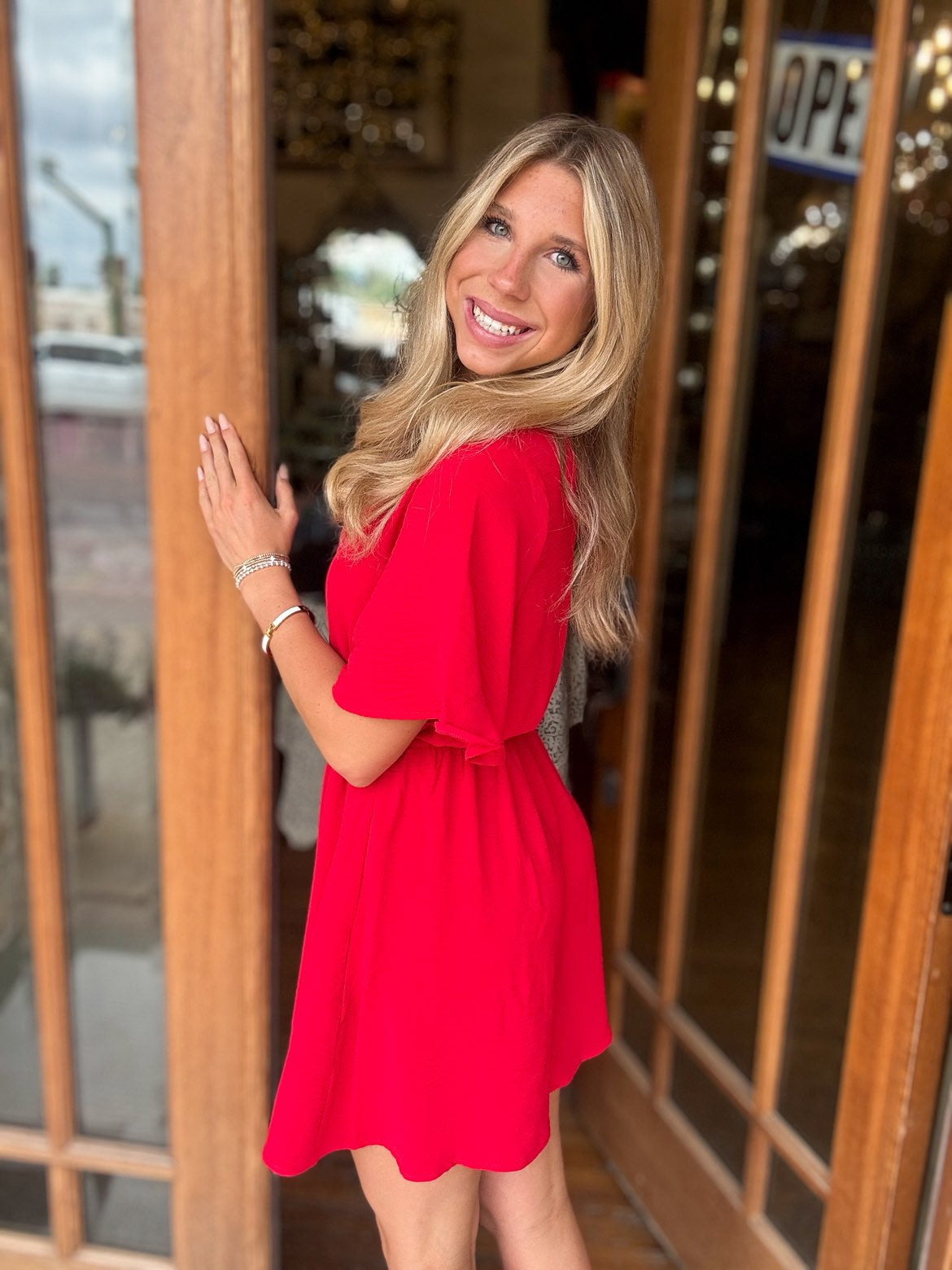 Dress - Red V-Neck Short Sleeve