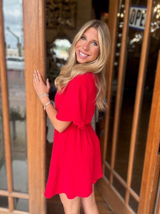 Dress - Red V-Neck Short Sleeve