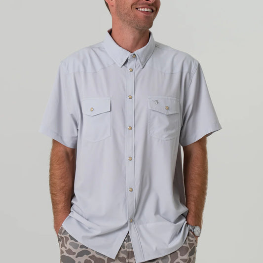 Mens | Burlebo Western Shirt Light Grey Pearl Snap Front and Pockets Short Sleeve