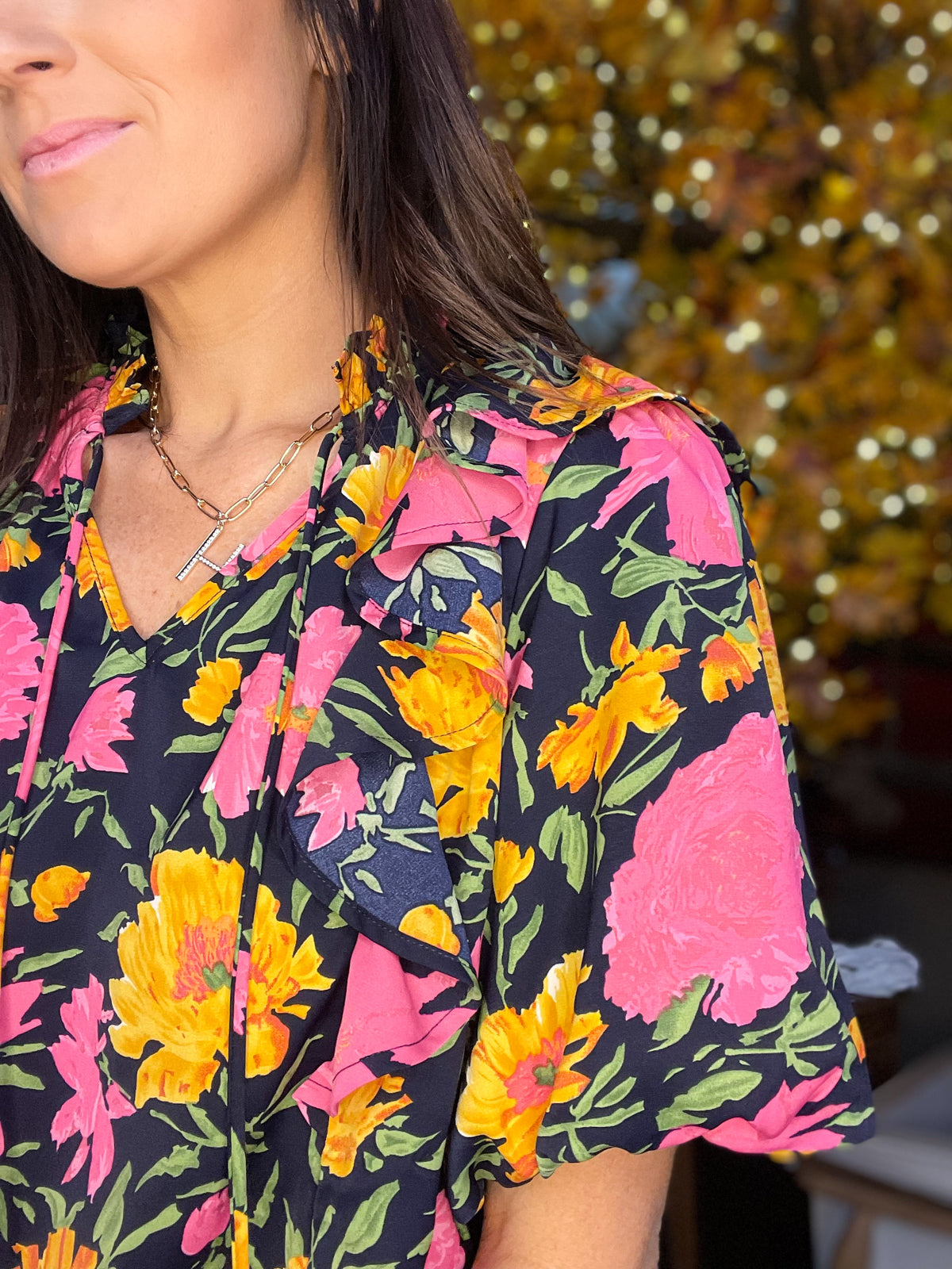 Top | Floral Bubble Sleeve Ruffle Blouse