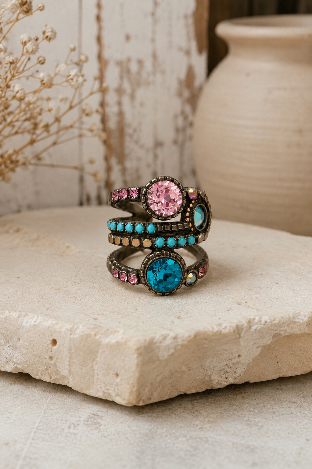 Ring - Sorrelli Turquoise & Pink Crystal