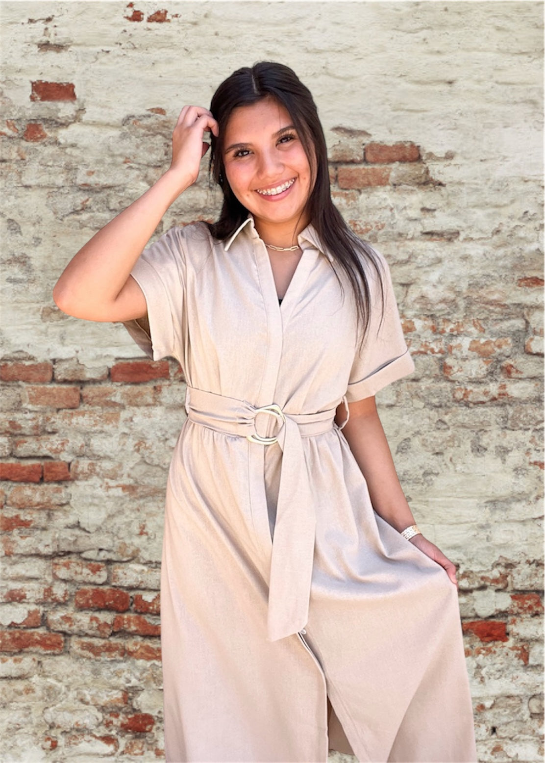 Dress  | Khaki  Button Front w/Ring Belt Cuff Sleeves