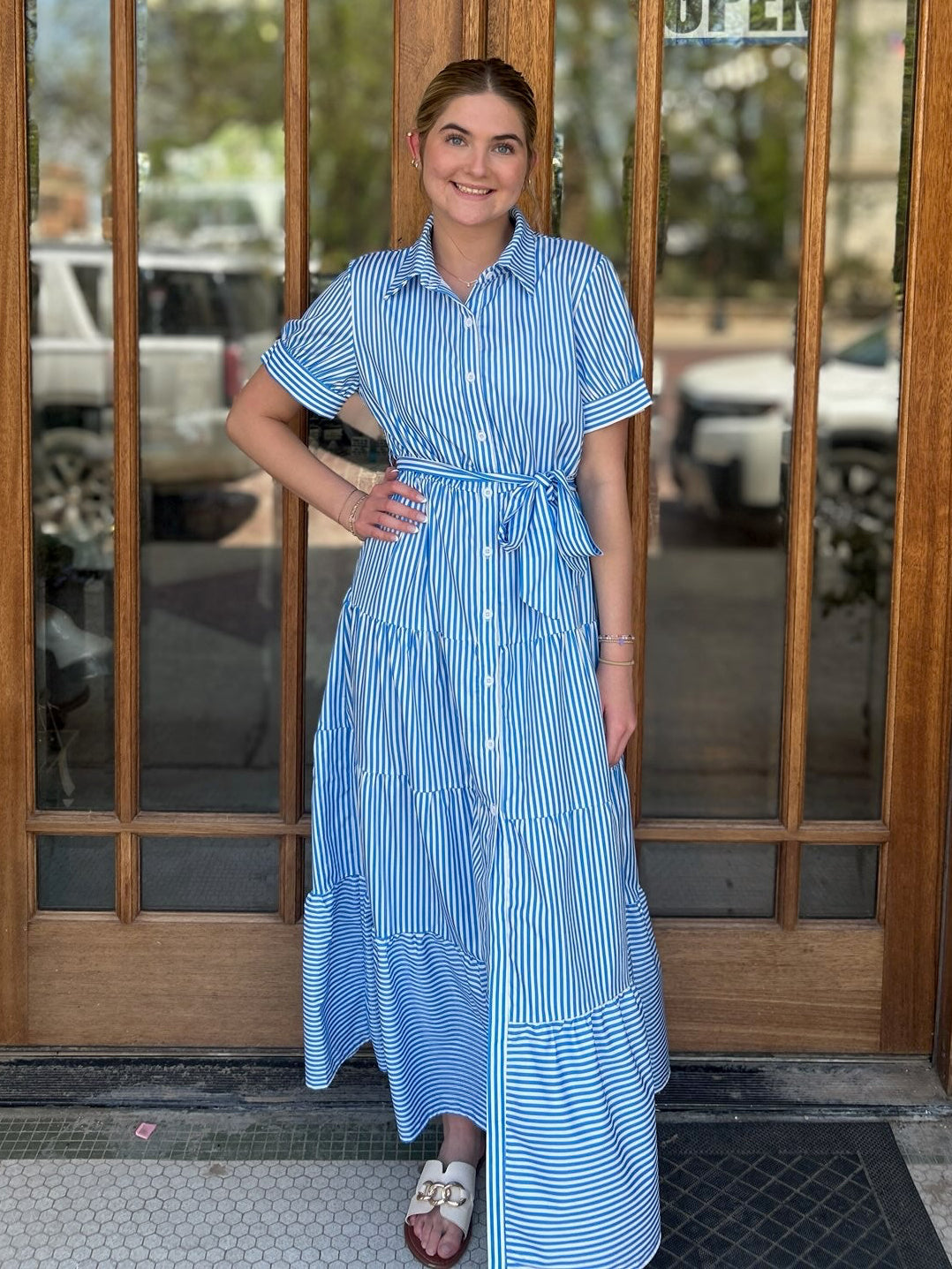 Dress - Blue Self Tie Striped