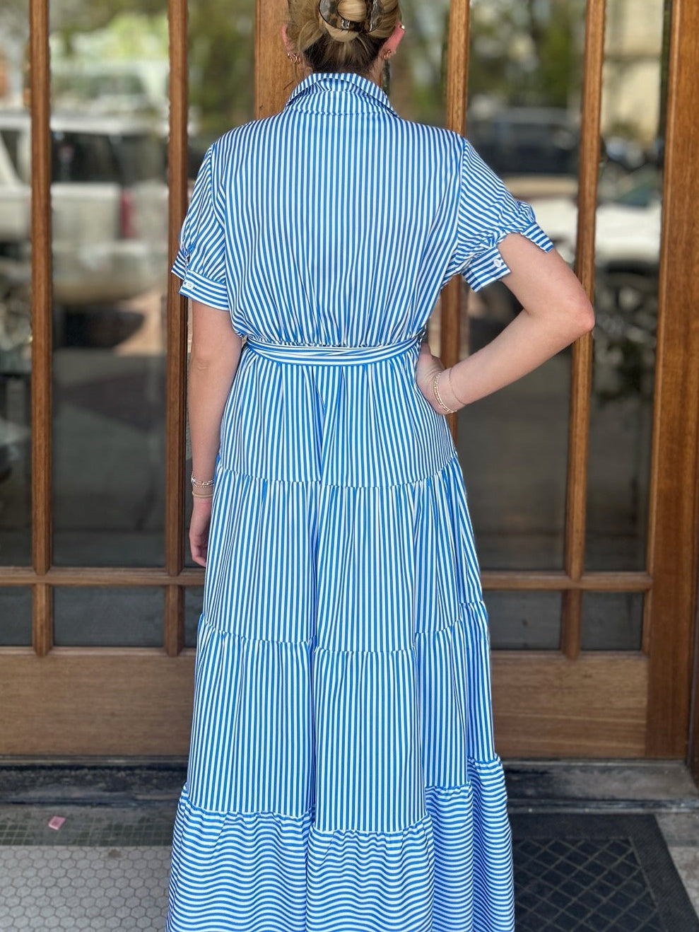 Dress - Blue Self Tie Striped