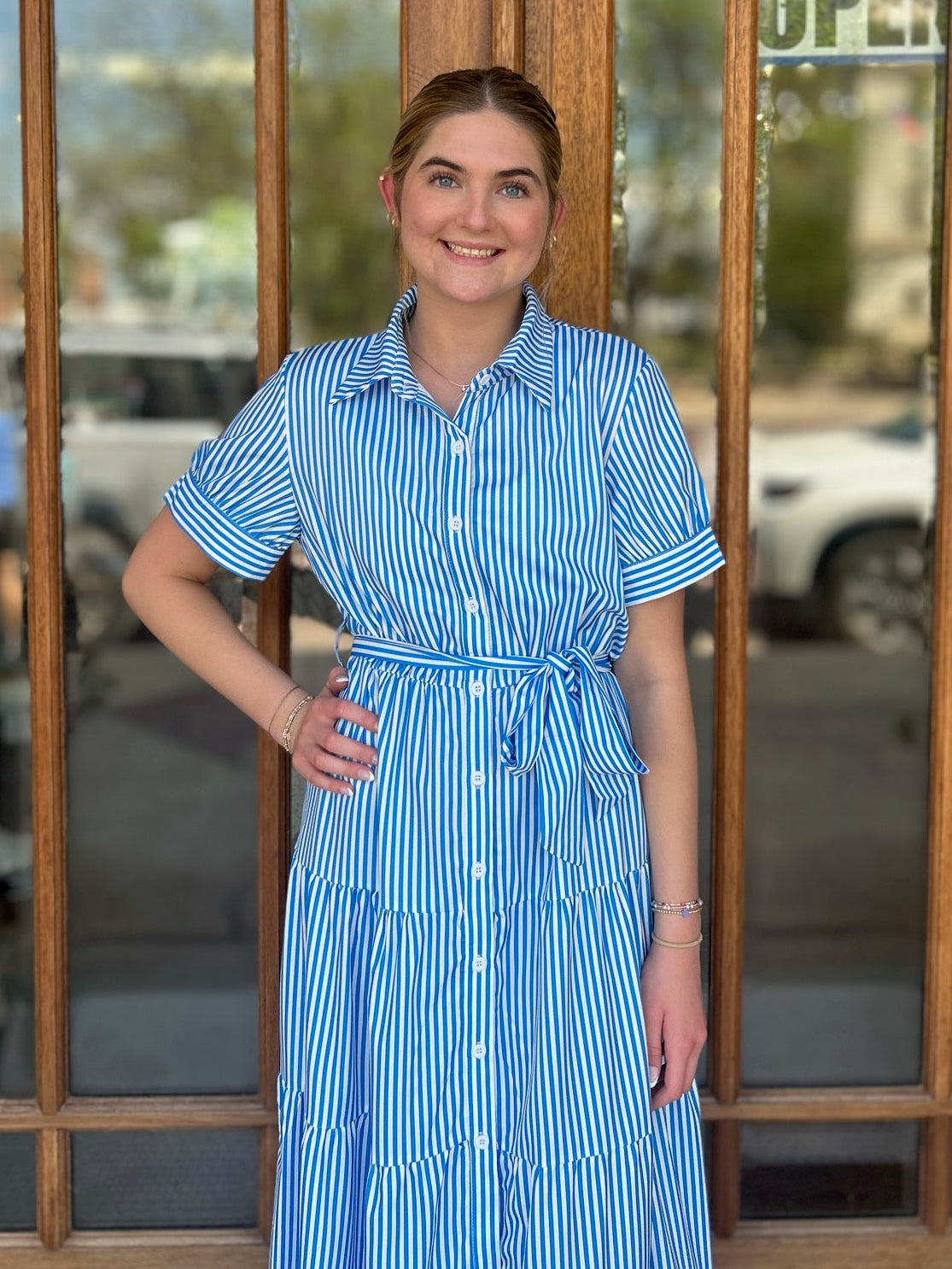 Dress - Blue Self Tie Striped