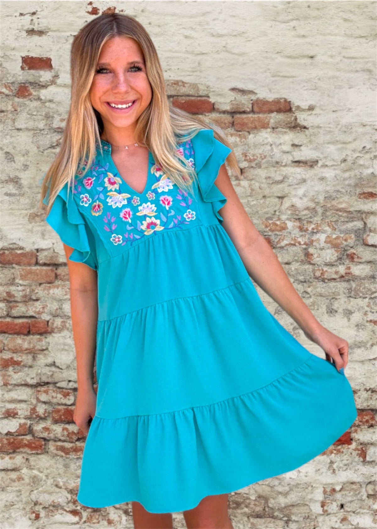 Dress | Turquoise Embroidered Flowers on Bodice Split Neck Double Ruffles on Sleeves Above Knee