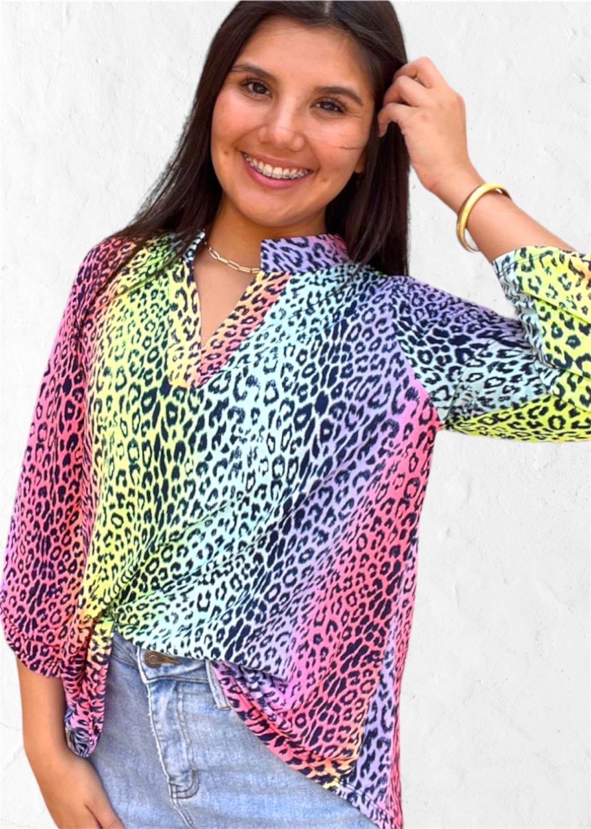 Top | Dear Scarlett Leopard Bright Multi Colors 3/4 Sleeve V Neck Below Hips