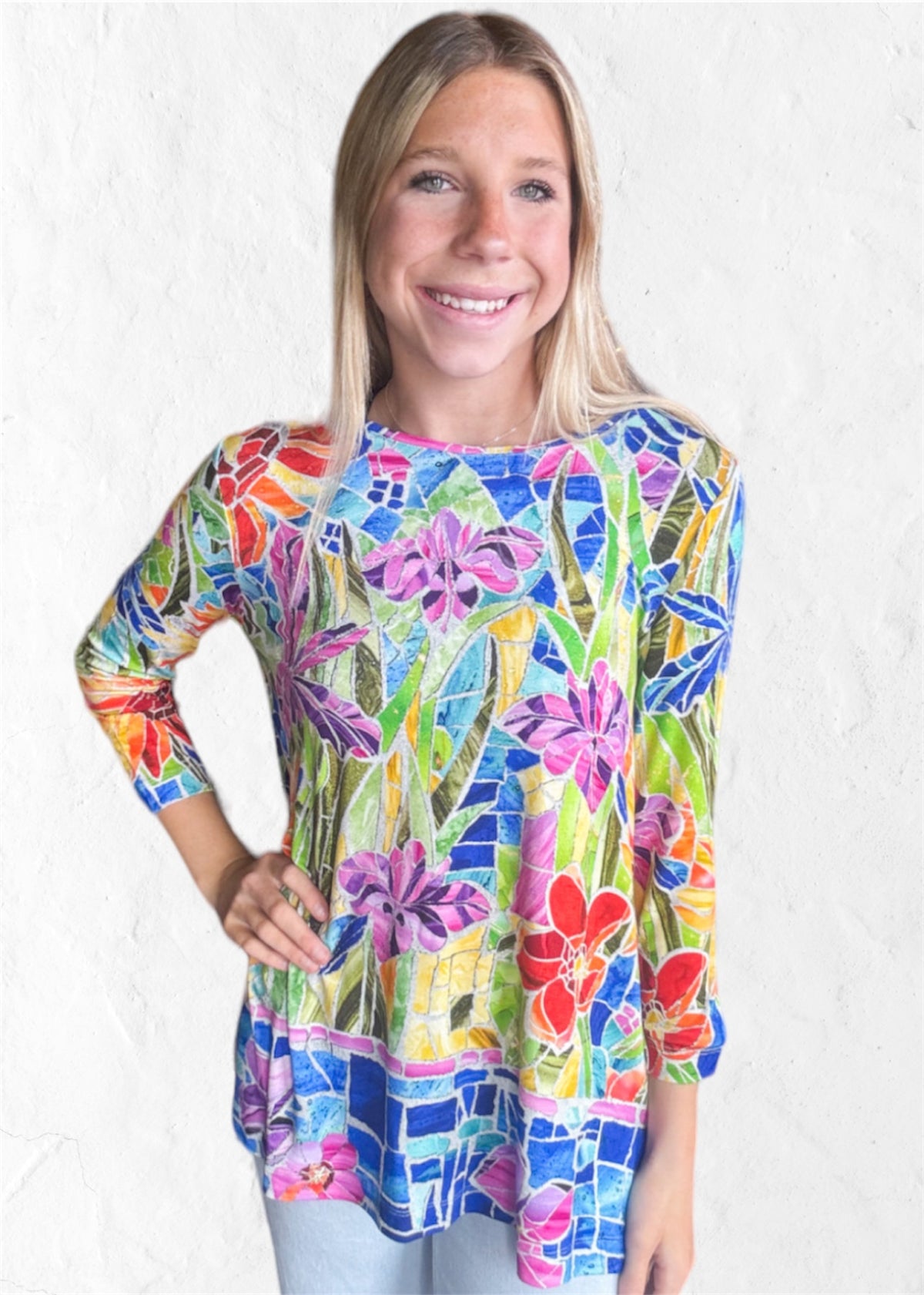 Top | Ali Miles Pop Over Knit 3/4 Sleeve Multi Color w/Rhinestone