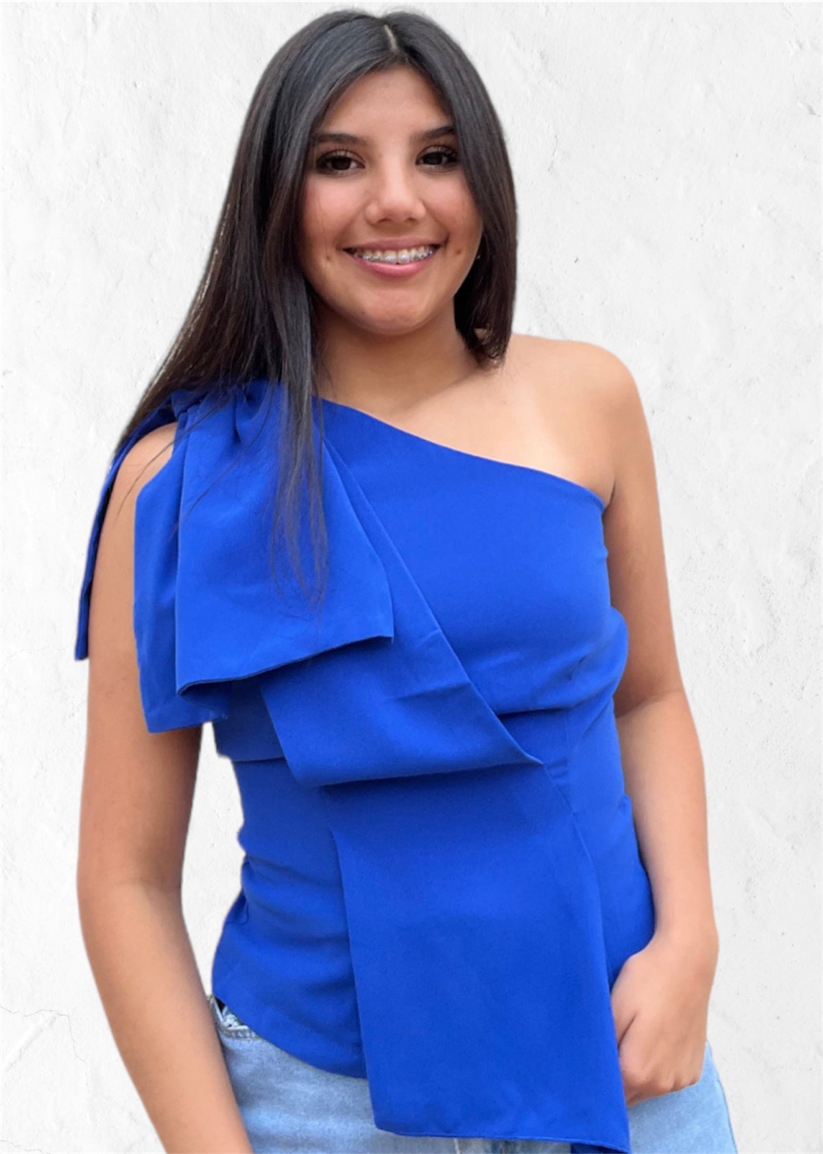 Top | Blouse One Shoulder Blue w/Shoulder Bow