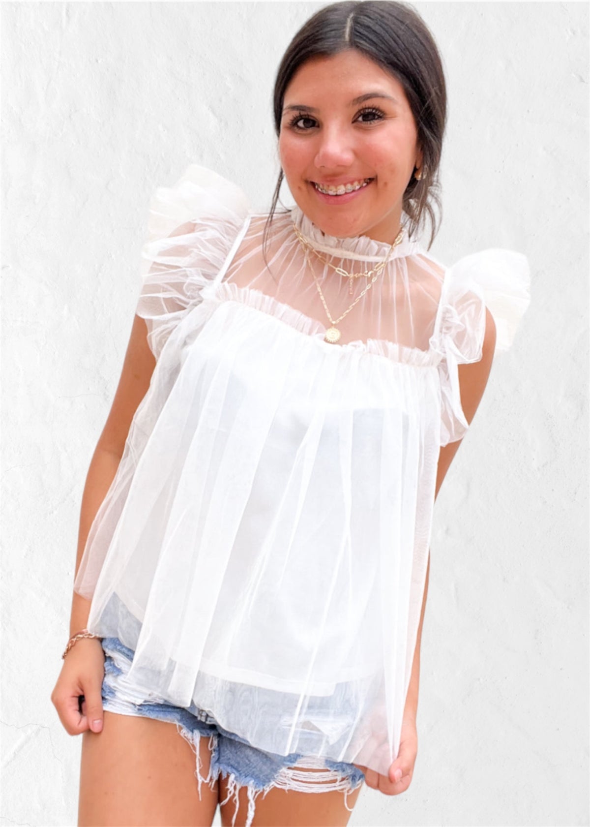 Top | Baby Doll White Ruffle Sleeve Layered Mesh