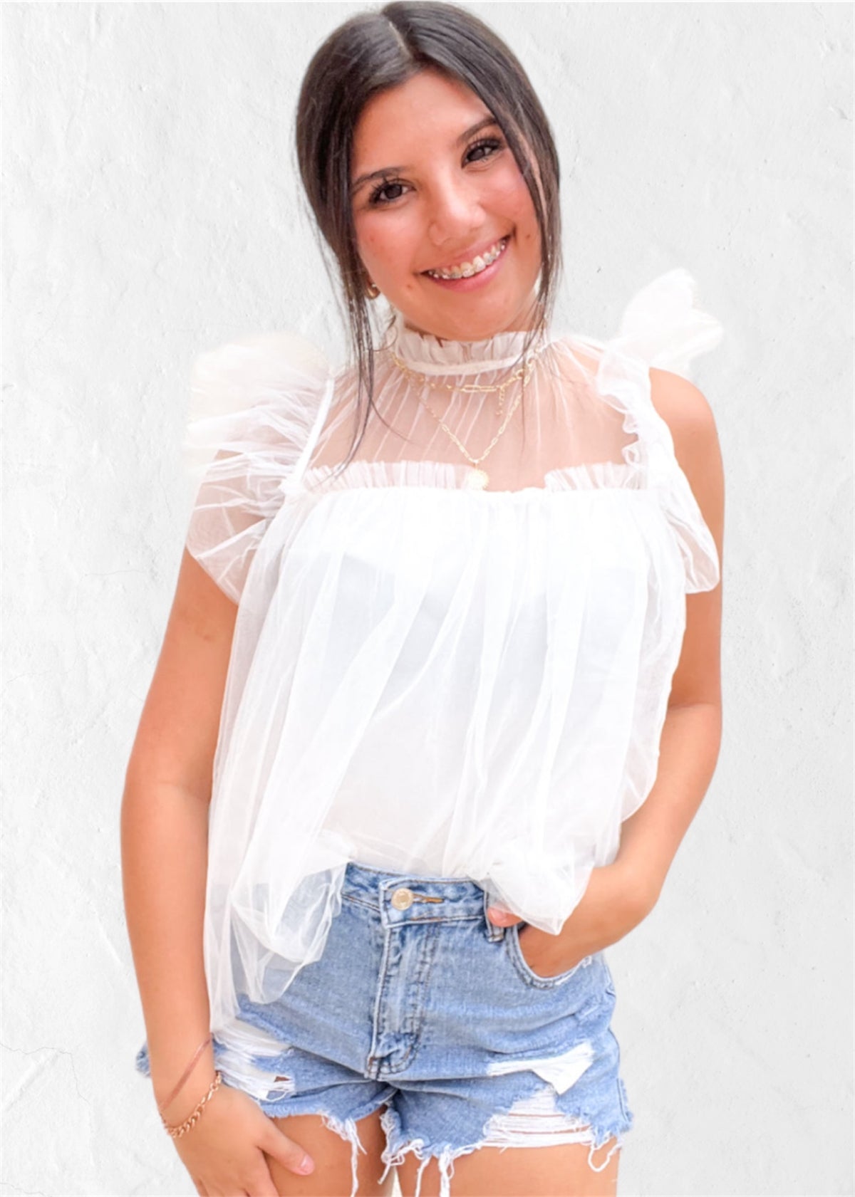 Top | Baby Doll White Ruffle Sleeve Layered Mesh