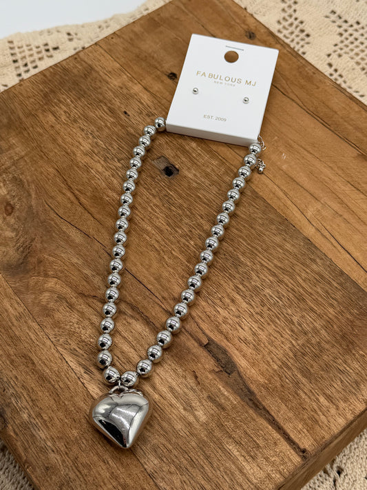 Jewelry | Necklace Metal Puffy Heart Pendant Ball Beaded