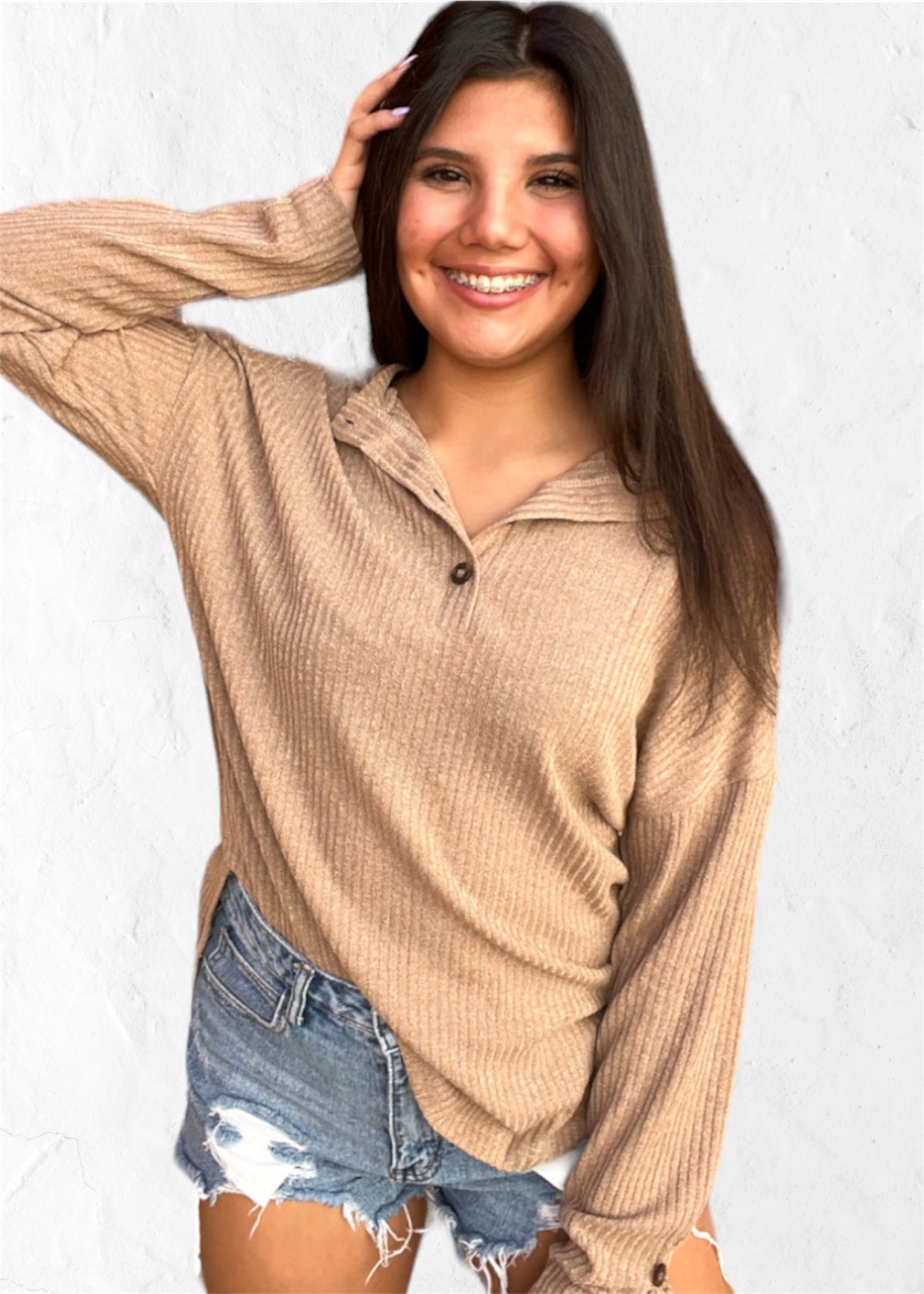 Top | Henley Knit  Long Sleeve 4 Button Placket Hip Length