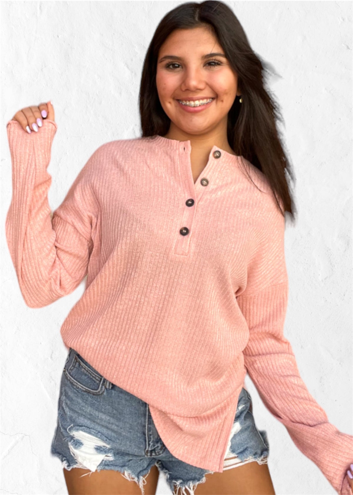 Top | Henley Knit  Long Sleeve 4 Button Placket Hip Length