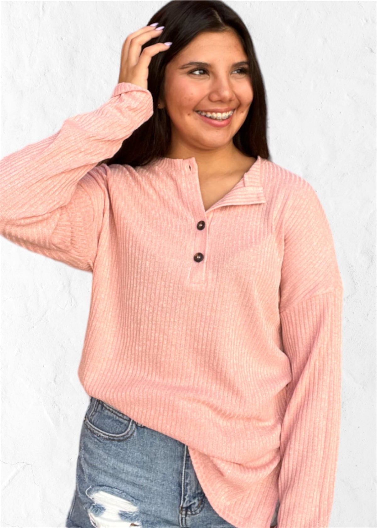 Top | Henley Knit  Long Sleeve 4 Button Placket Hip Length