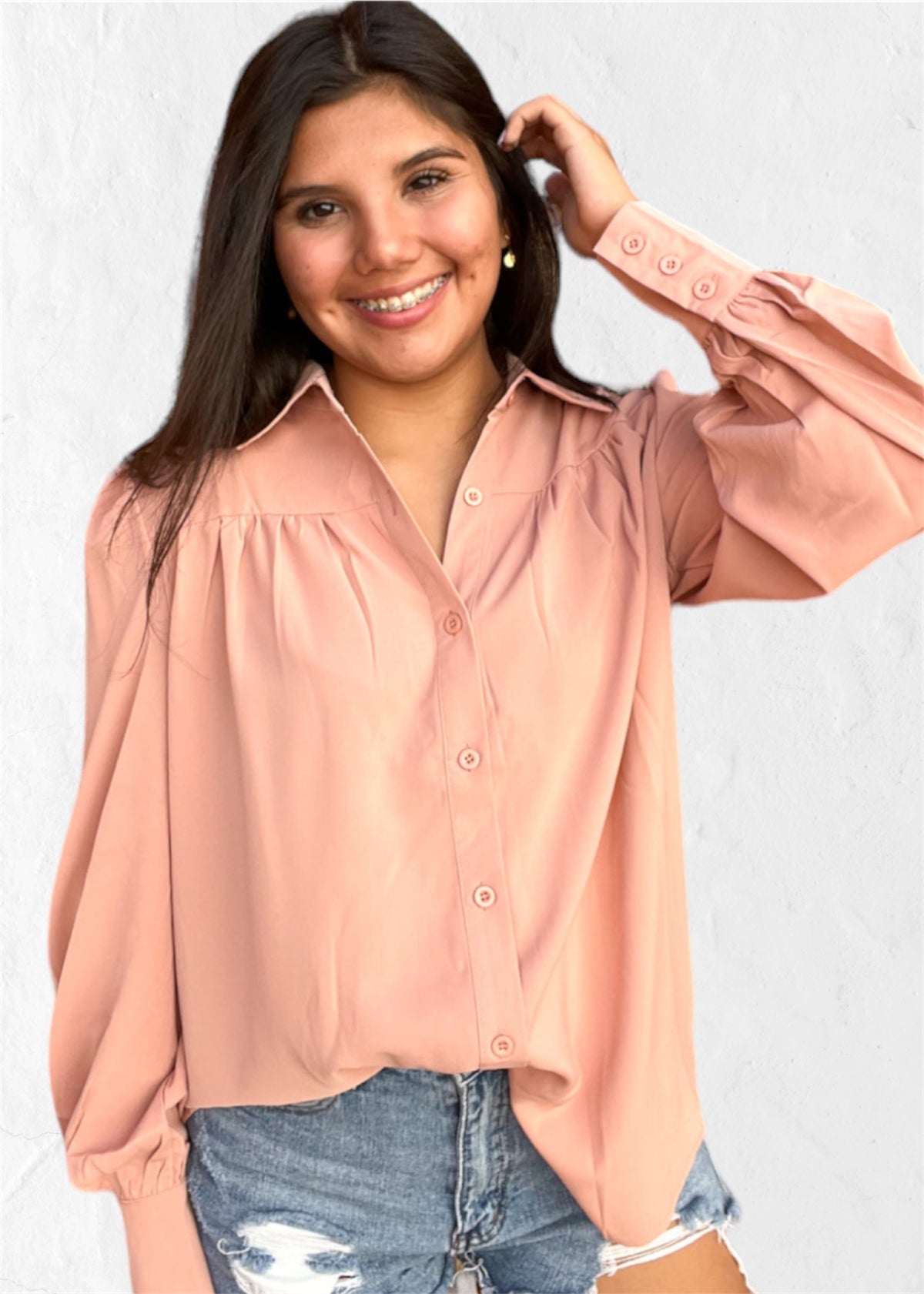 Tops | Blouse Khaki Yoke Pleated Button Front Long Sleeve