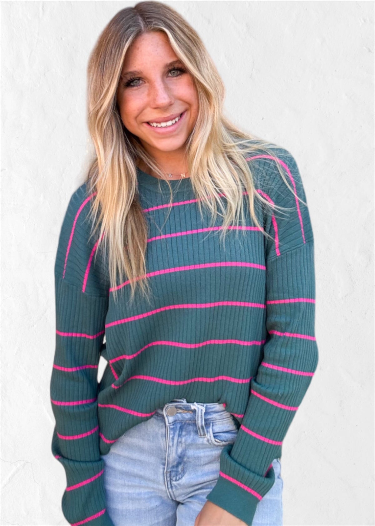 Top | Sweater Teal Striped Ribbed Knit Long Sleeve