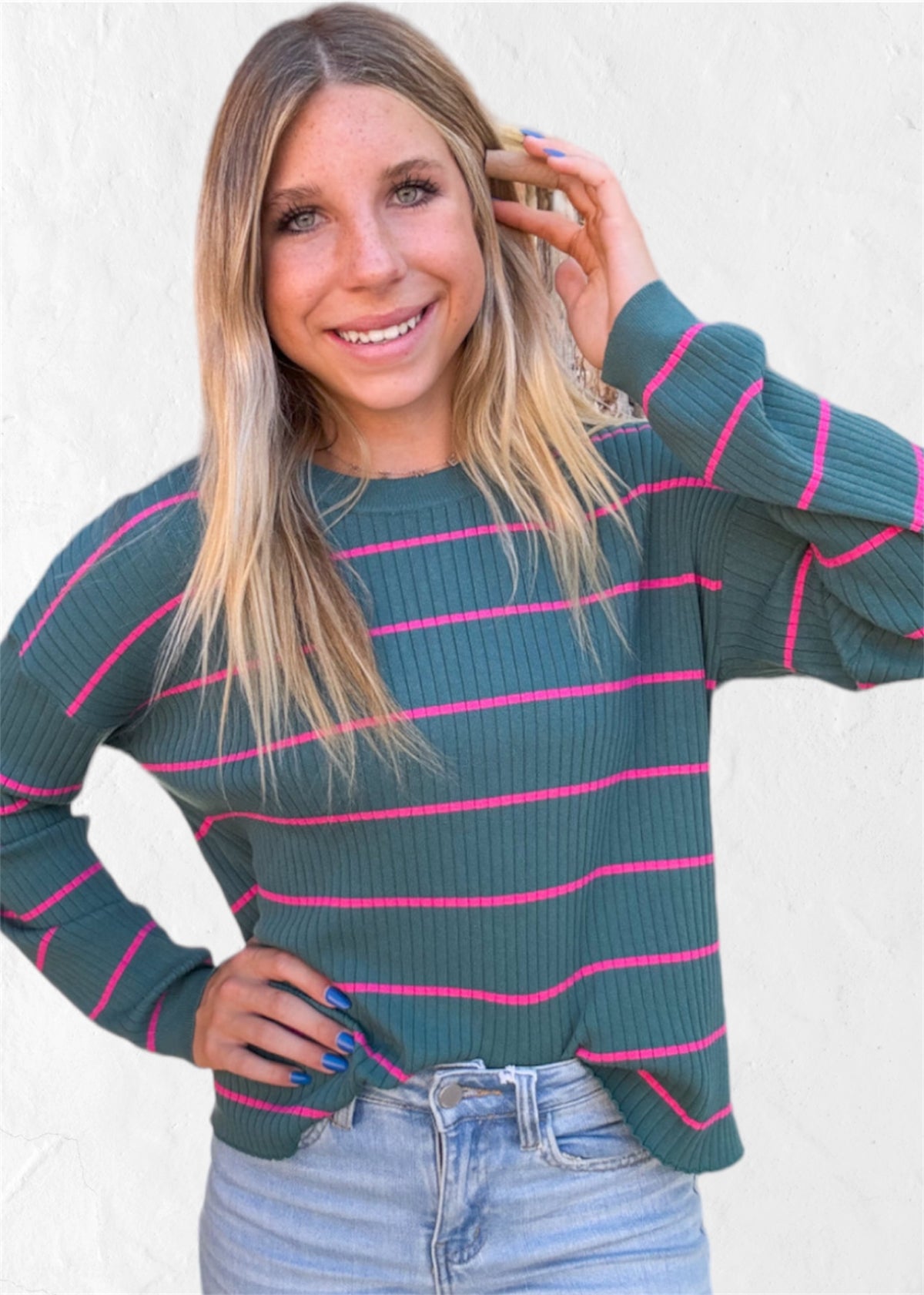 Top | Sweater Teal Striped Ribbed Knit Long Sleeve