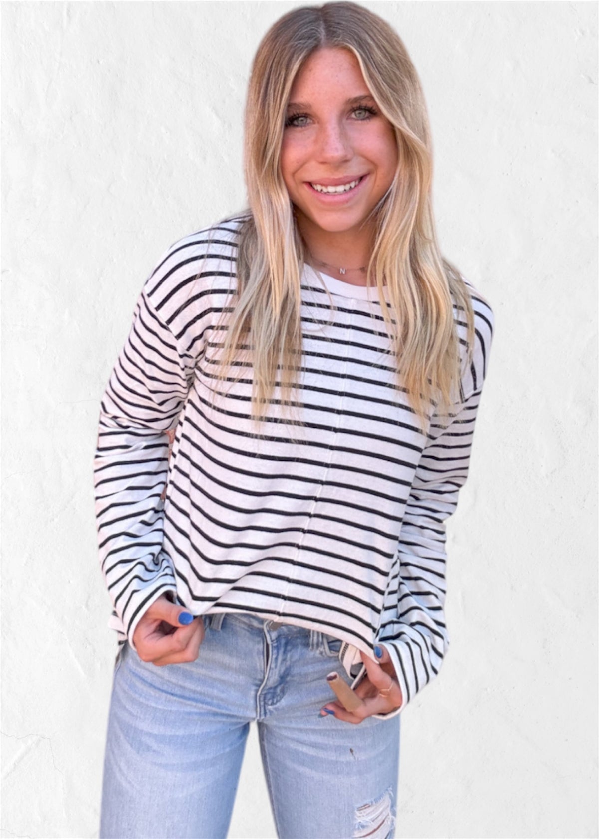 Top | Pull Over White With Thin Black Stripes Long Sleeve Below Waist