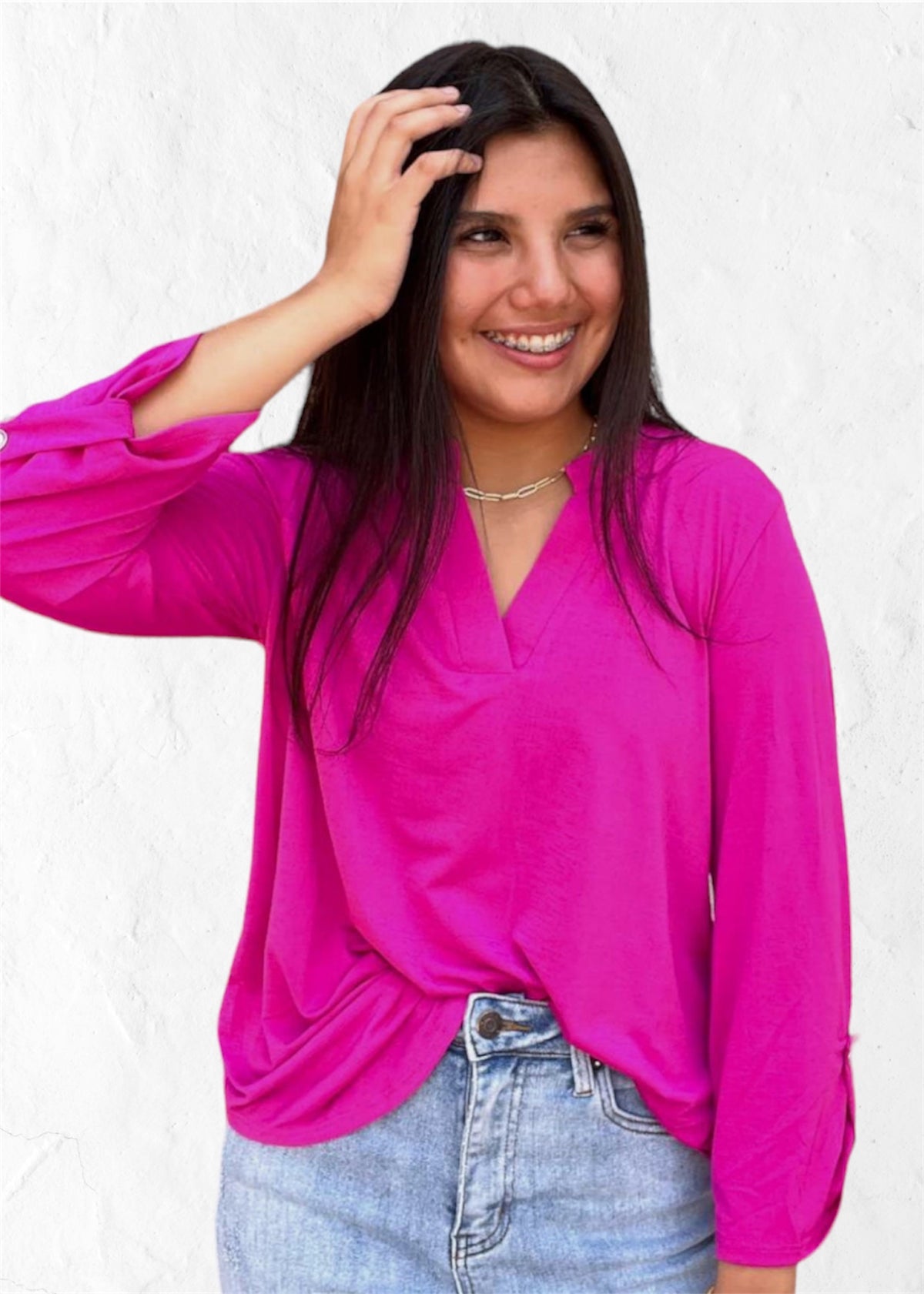 Top | Dear Scarlett Tunic Magenta V-Neck Tab Sleeves