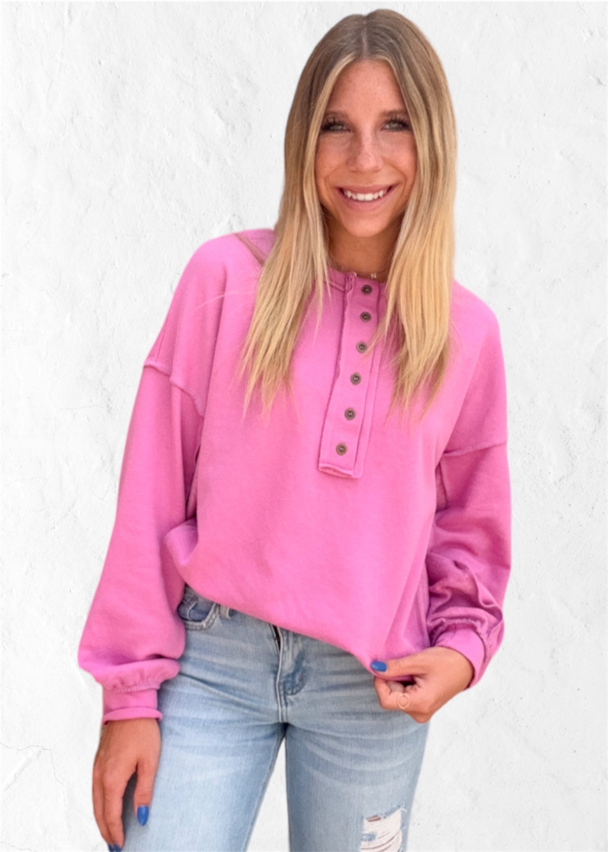 Top | Pullover Pink Henley Button Placket Long Sleeves