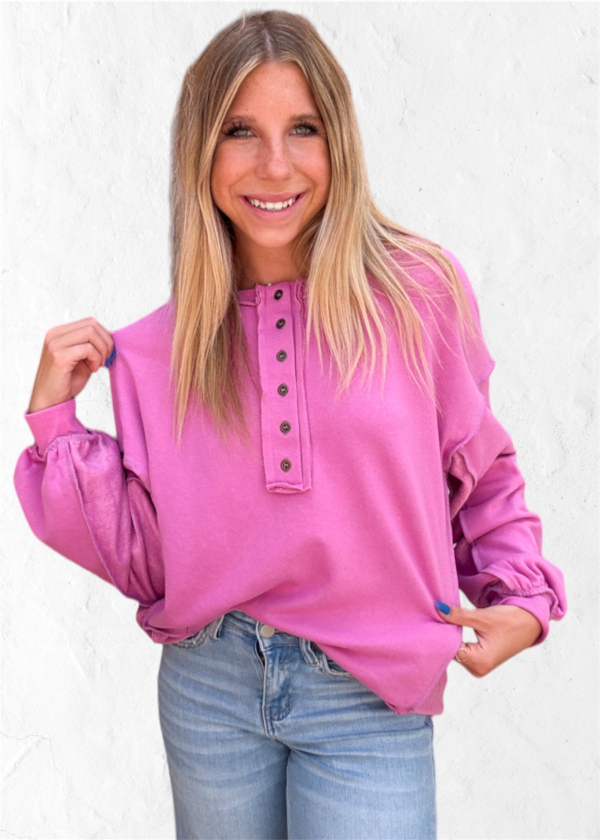 Top | Pullover Pink Henley Button Placket Long Sleeves