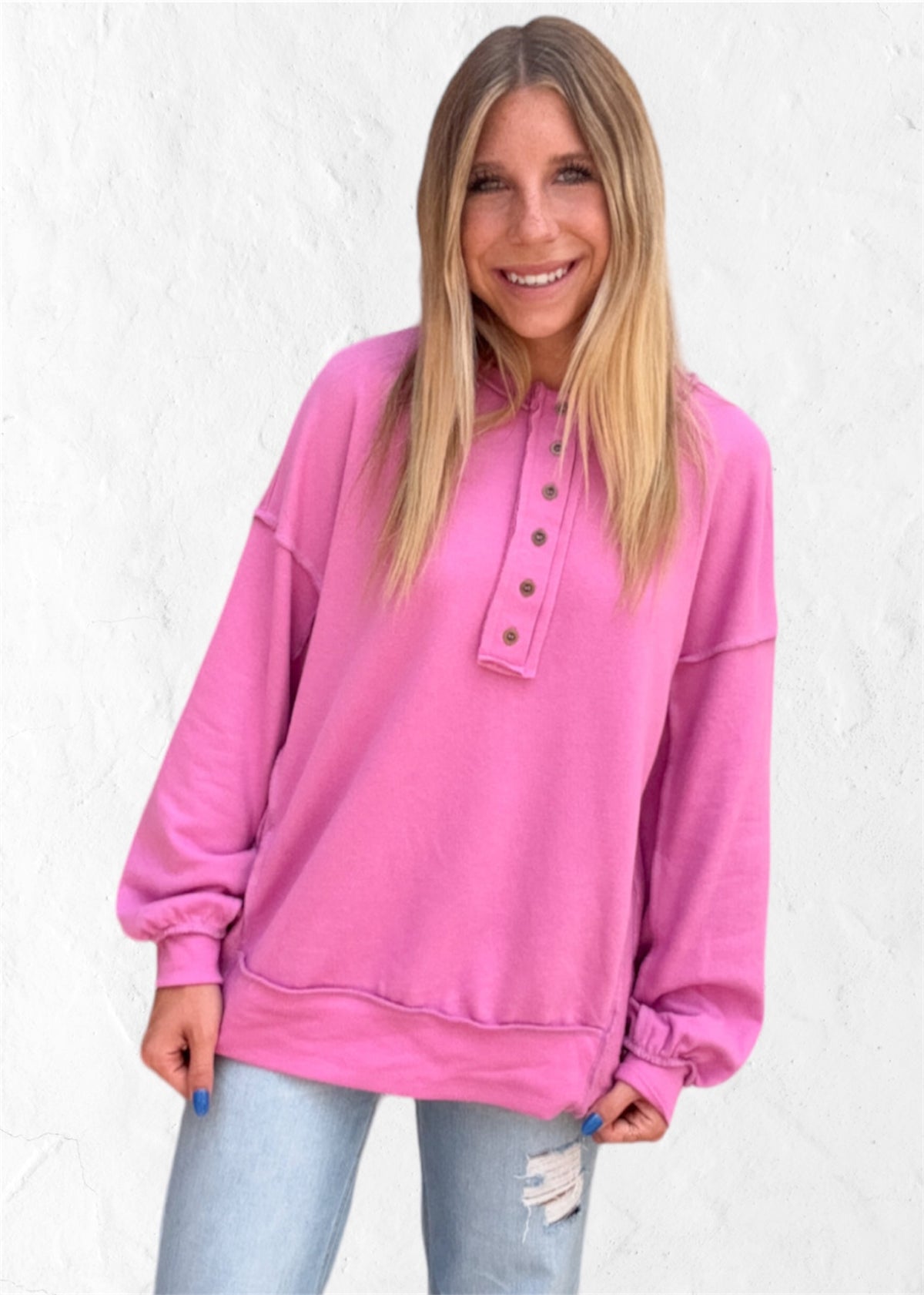 Top | Pullover Pink Henley Button Placket Long Sleeves