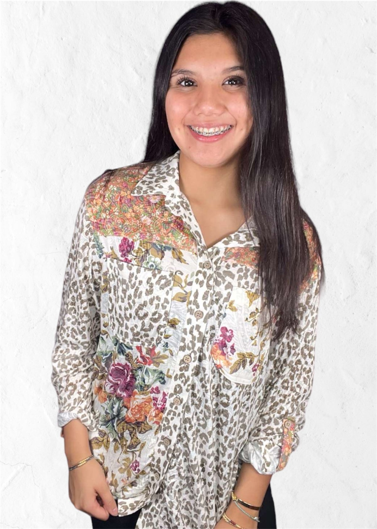 Tru Luxe | Floral &amp; Leopard Mixed Print Jersey Knit Button Up