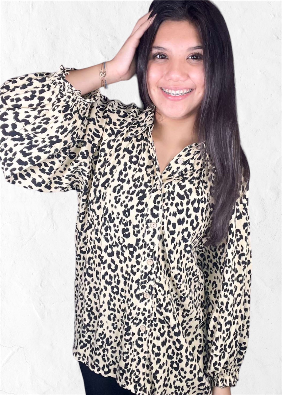 Tru Luxe | Leopard Puff Long Sleeve Button Up