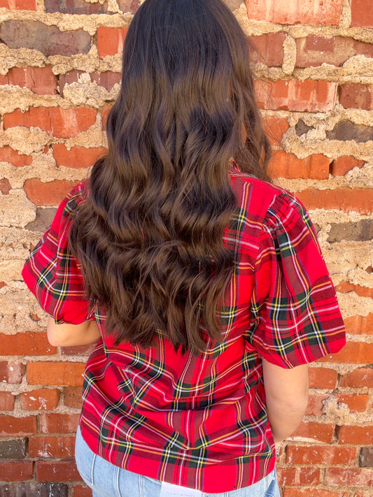 Christmas Plaid Ruffle V-Neck Top