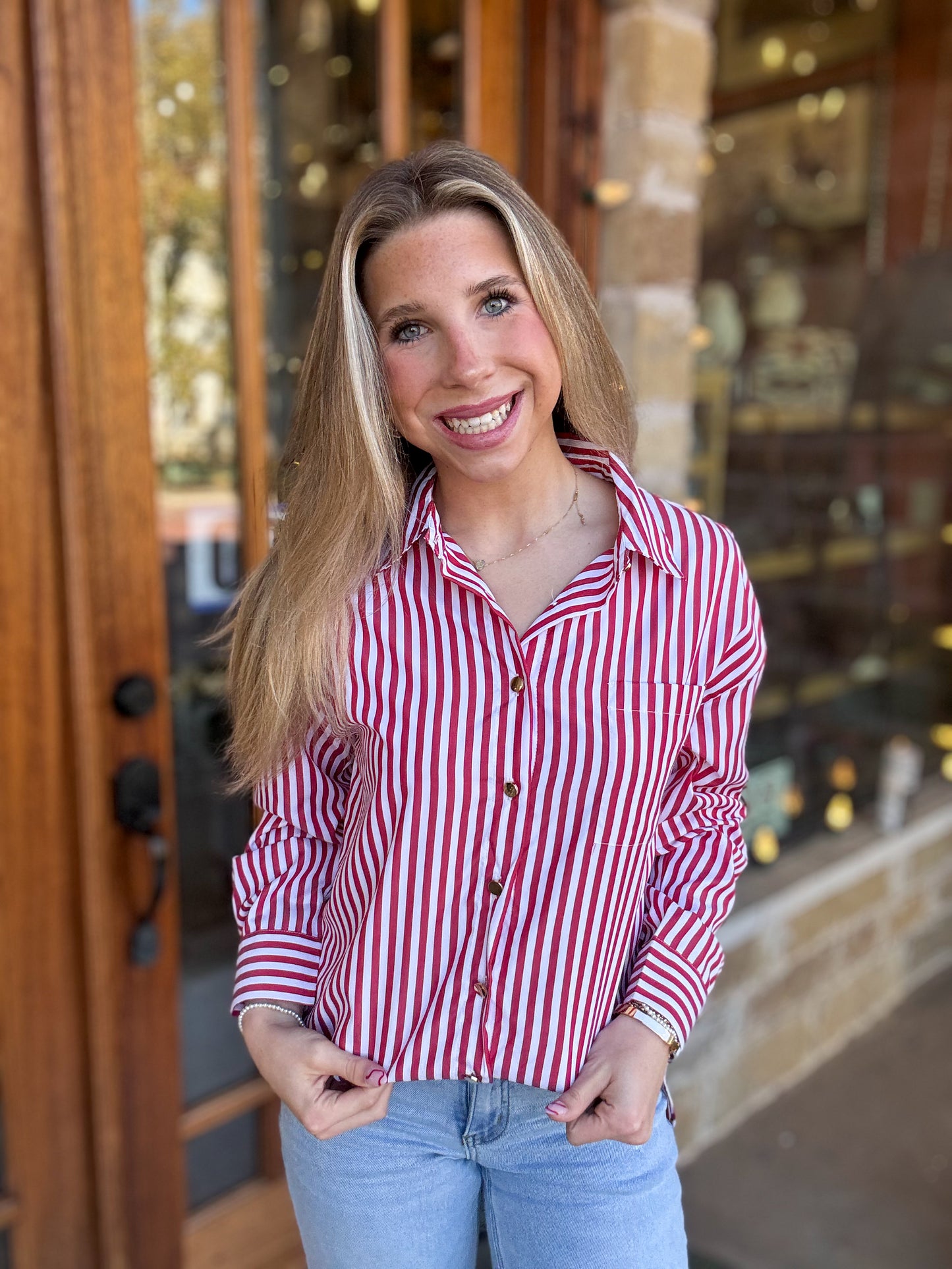 Stripe Side Slit Loose Red Blouse