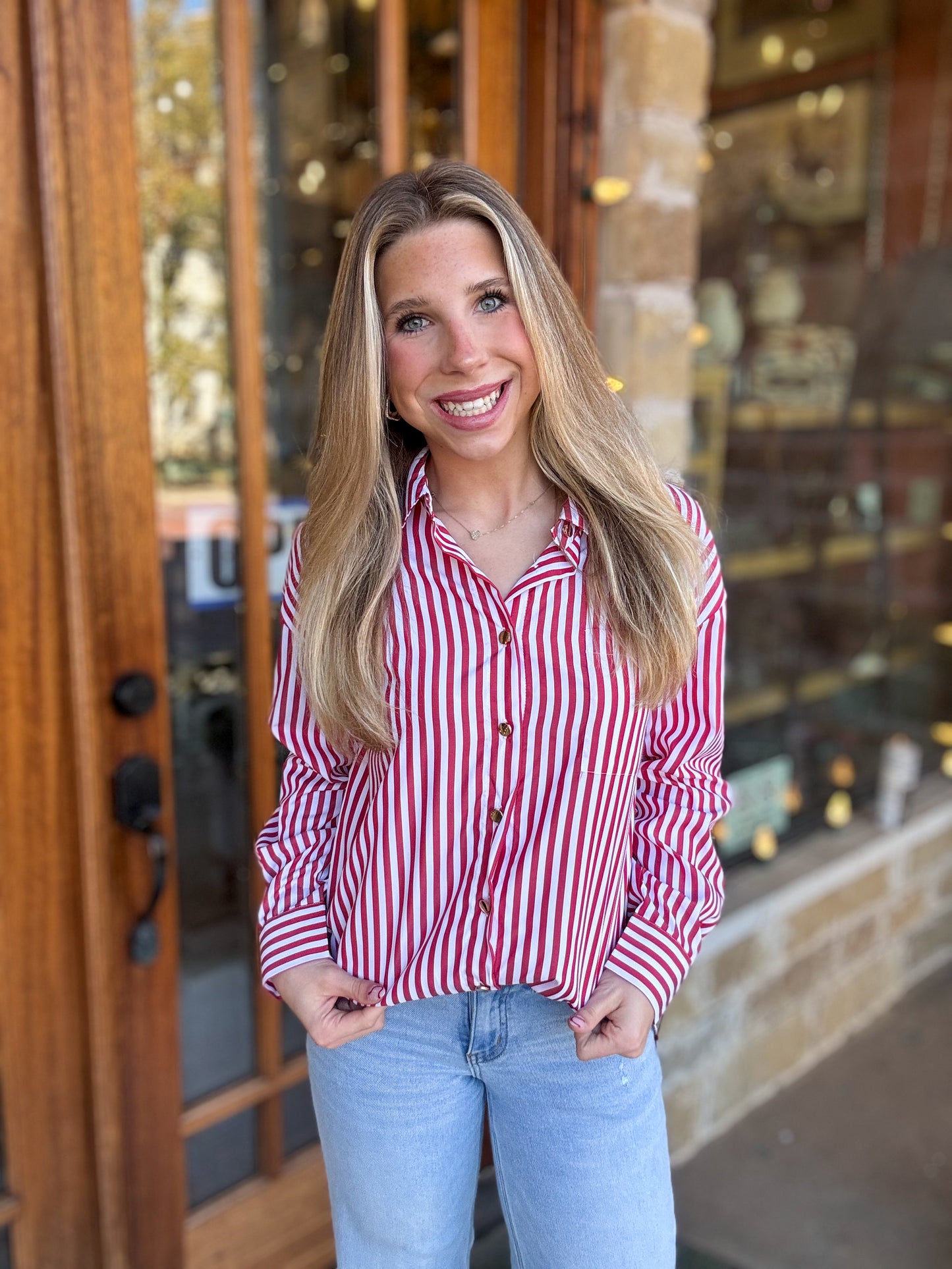 Stripe Side Slit Loose Red Blouse