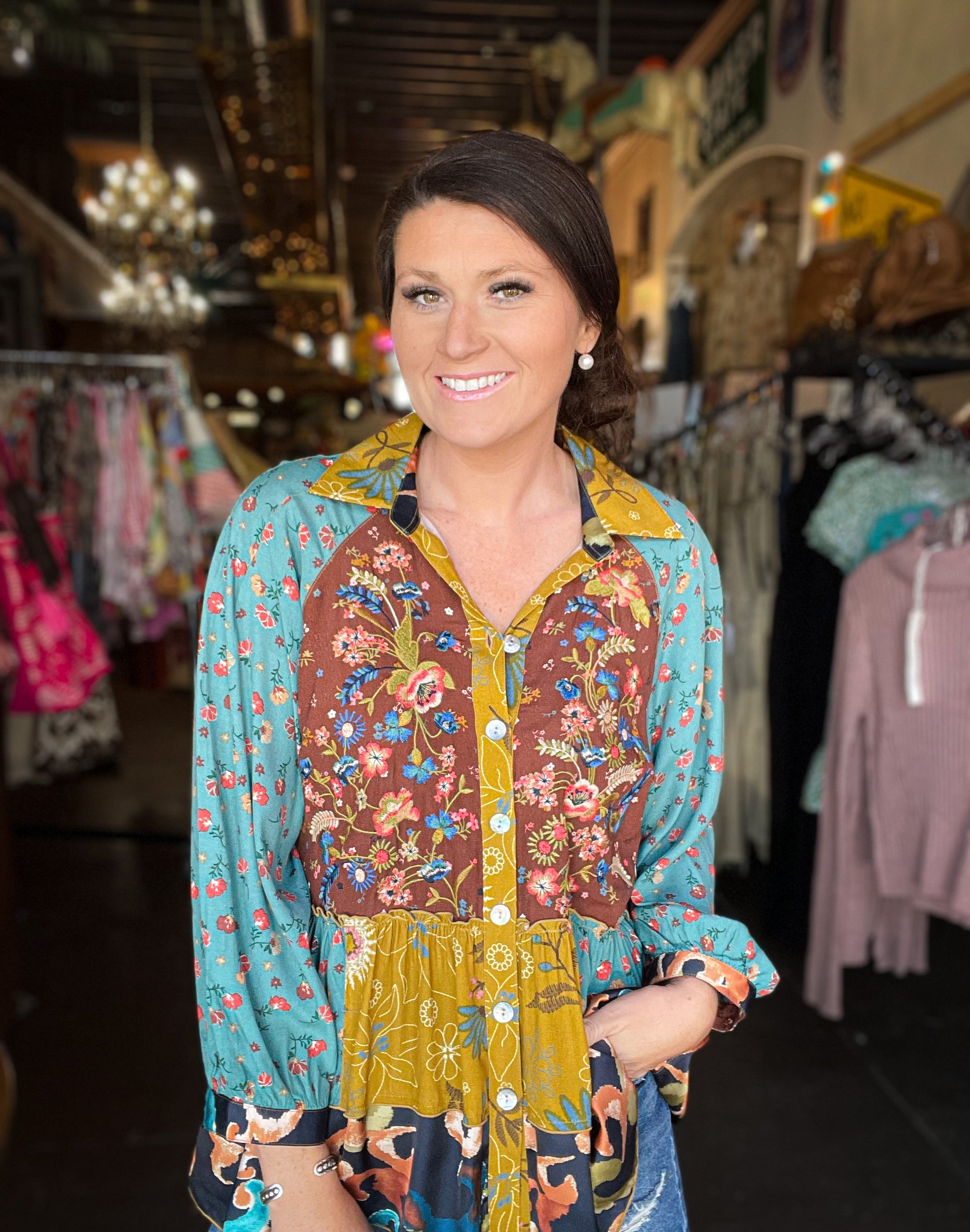 John Mark | Tops - Teal Multi Floral Embroidery Tunic