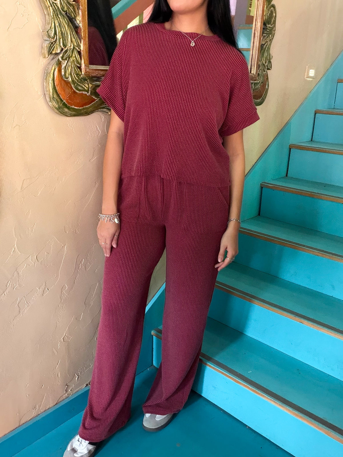 Set - Burgundy Ribbed Short Sleeve & Pants
