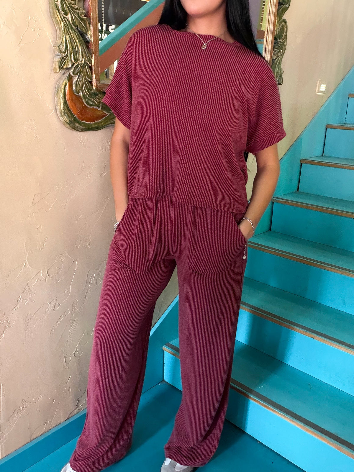 Set - Burgundy Ribbed Short Sleeve & Pants