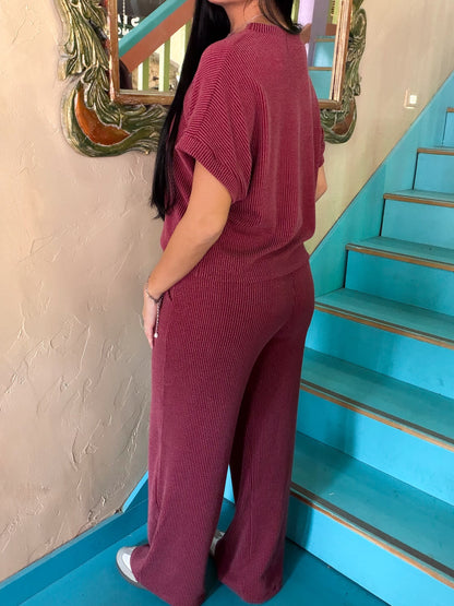 Set - Burgundy Ribbed Short Sleeve & Pants