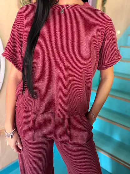 Set - Burgundy Ribbed Short Sleeve & Pants