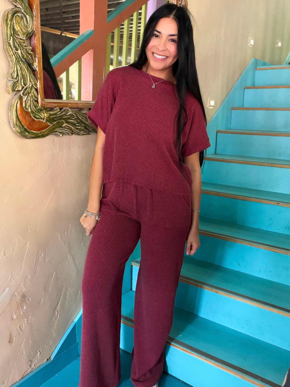 Set - Burgundy Ribbed Short Sleeve & Pants