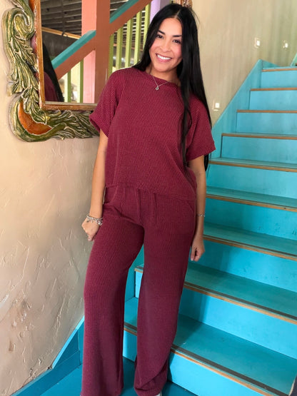 Set - Burgundy Ribbed Short Sleeve & Pants
