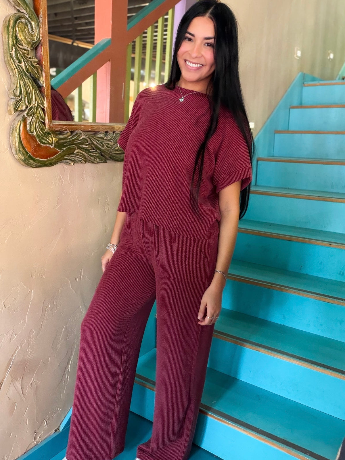 Set - Burgundy Ribbed Short Sleeve & Pants