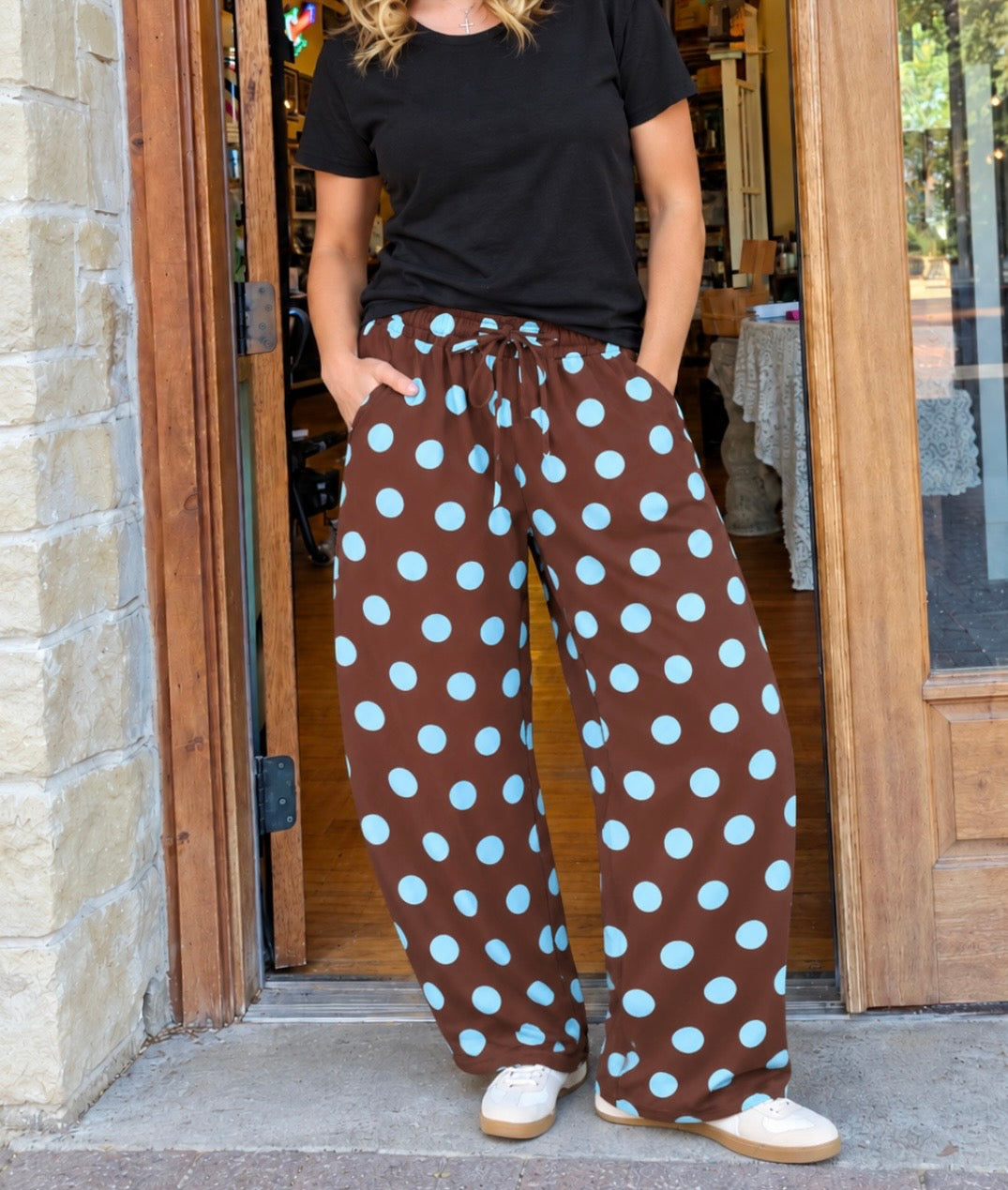 Barrel Sweatpants - Brown & Blue Polka Dot