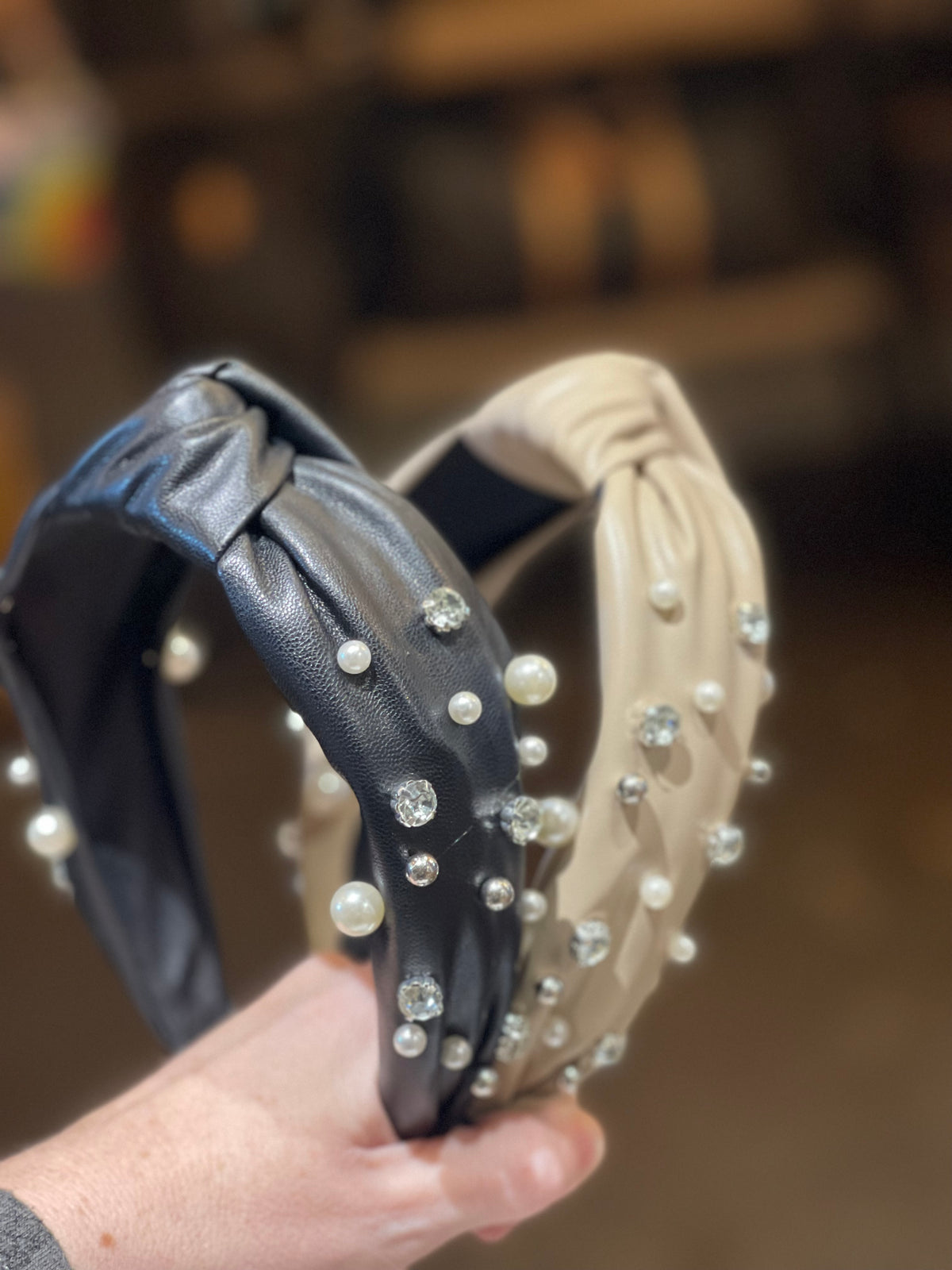 Headband | Faux Leather Pearl Rhinestone Headband