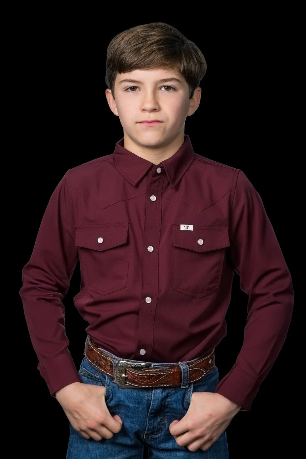 Boys Shirt - Maroon Pearl Snap Long Sleeve