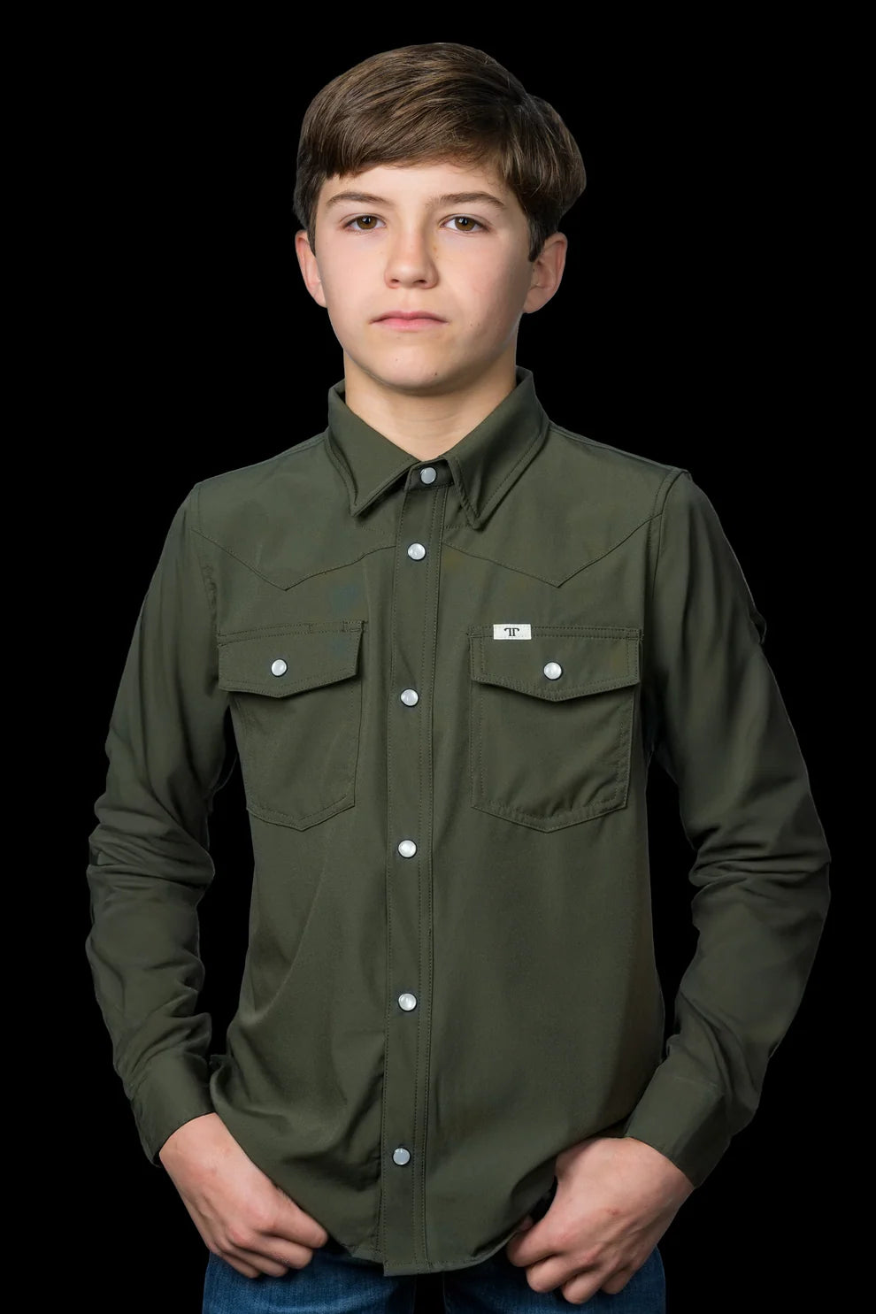 Boys Shirt - Olive Pearl Snap Long Sleeve