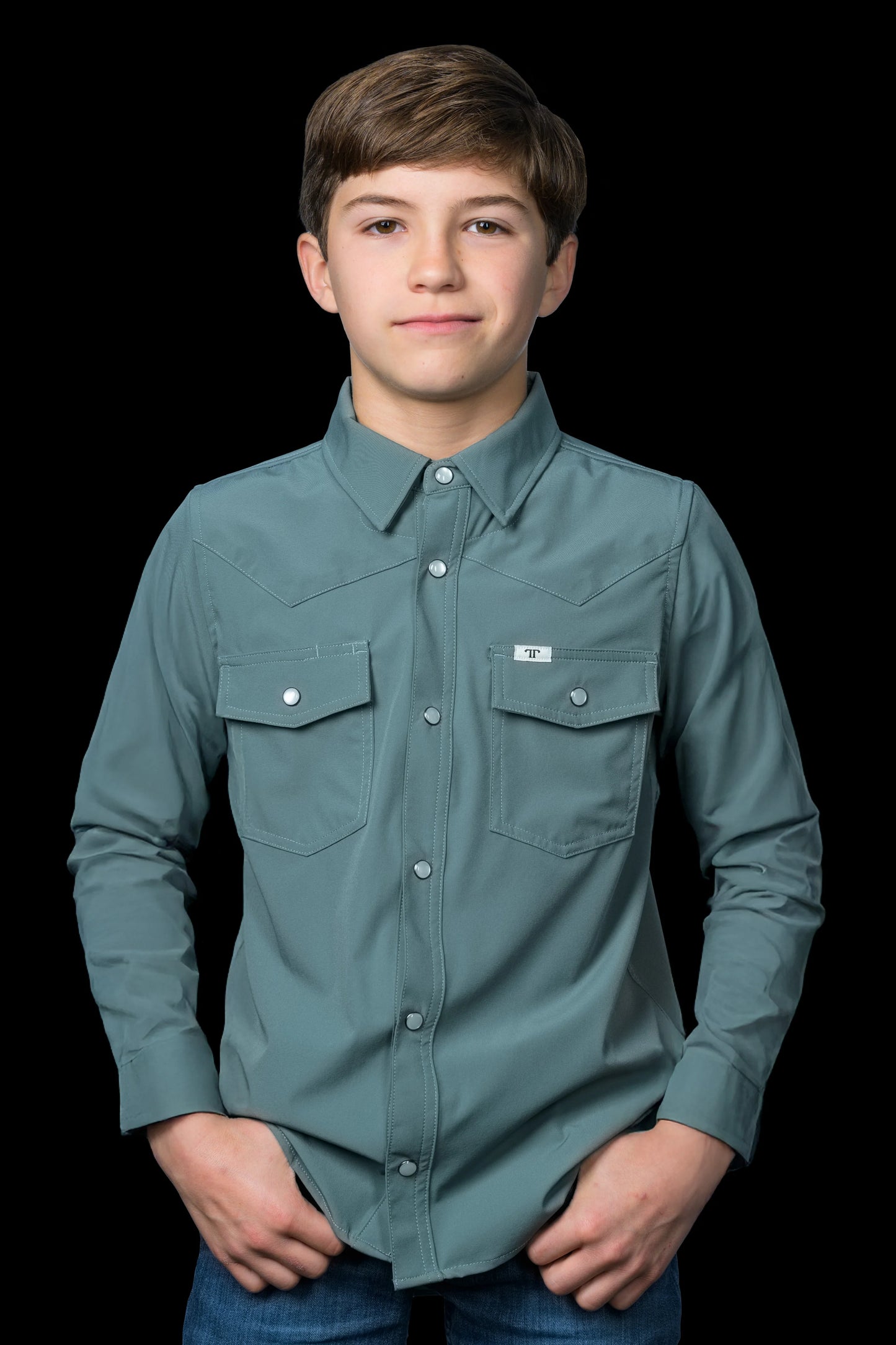 Shirt - Boys Aqua Pearl Snap Long Sleeve