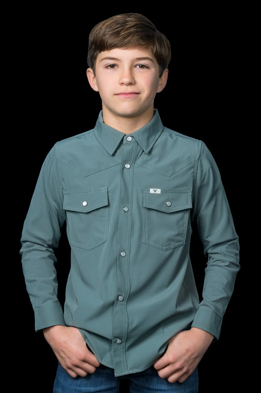 Shirt - Boys Aqua Pearl Snap Long Sleeve