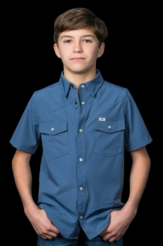 Shirt - Boys Blue Pearl Snap Short Sleeve
