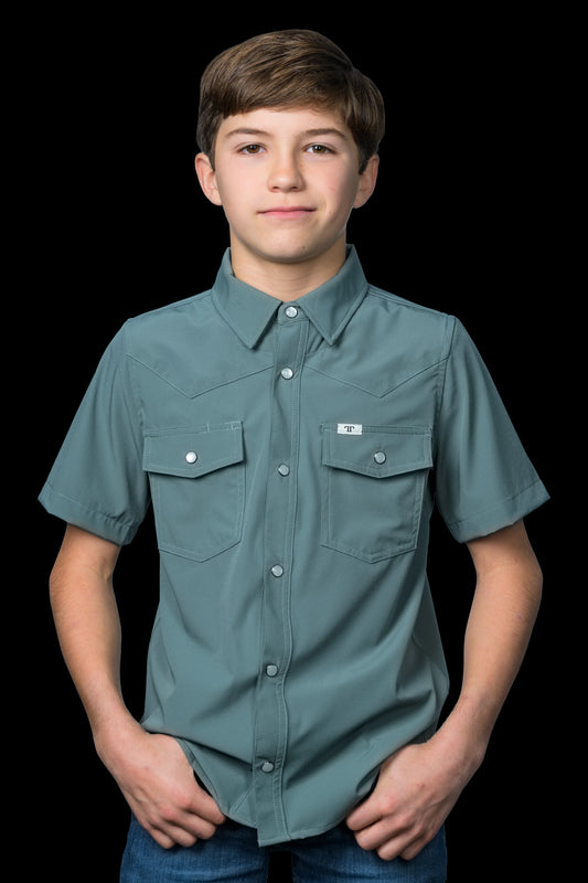 Shirt - Boys Aqua Pearl Snap Short Sleeve