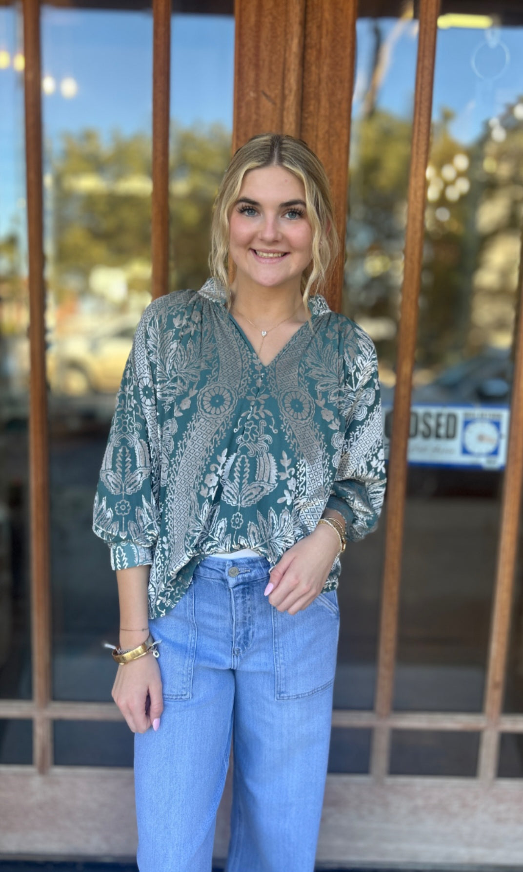 Tops | Blouse Sage Damask Print Velvet Split Neck