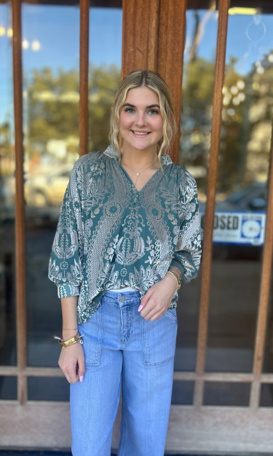 Tops | Blouse Sage Damask Print Velvet Split Neck